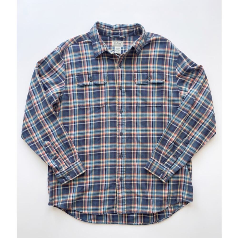 L.L.Bean Men’s Large Plaid Flannel Shirt Blue Orange Button Up Long Sleeve
